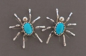 Native American Navajo Handmade Sterling Silver with Turquoise Spider Earrings - Picture 1 of 1