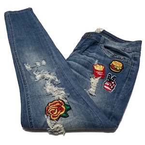 Hot Kiss Lily Mid Rise Destroyed Patched Skinny Stretch Blue Jeans Womens Size 9 - Picture 1 of 12