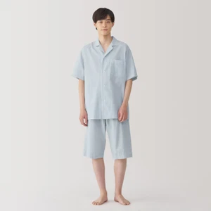 Pijama de manga corta MUJI para hombre 100 % algodón orgánico Seersucker azul a rayas FedEx - Imagen 1 de 10