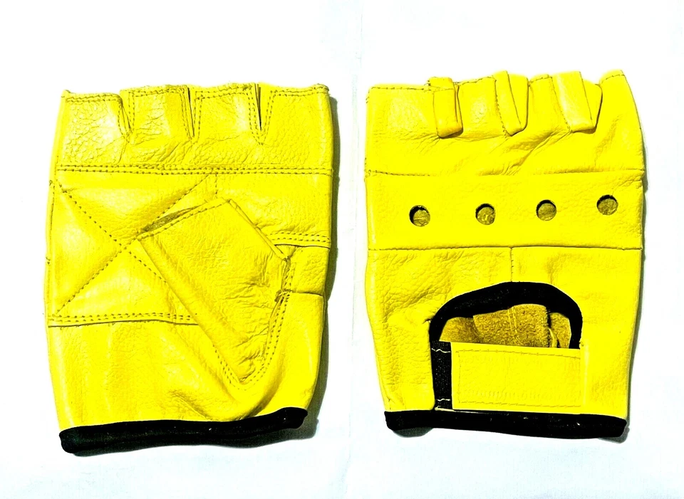 Men's Yellow Leather Driving Motorcycle Finger less Gloves Heavy Duty B-63 - Image 1 of 1