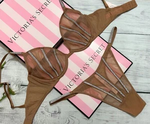 Victoria's Secret Shine Strap Unlined Low-Cut Demi Bra Thong Set Sheer Toffee - Picture 1 of 5