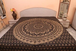 Indian Mandala Black Gold Bed Cover Queen Bedding Sheet With 2 Pillow Covers - Picture 1 of 4