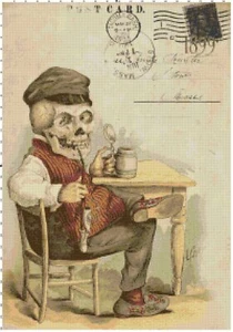 Scheletro Uomo con Pipa e Birra Stein Vintage Tabella Modello Punto Croce Contato - Foto 1 di 2