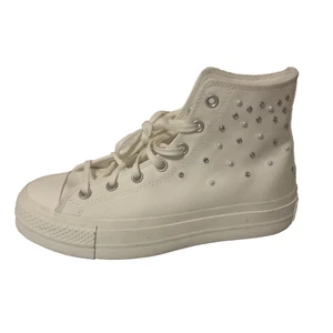 ZAPATILLAS ALTAS CONVERSE blancas con plataforma elevadora de mandril de 9,5 diamantes de imitación perlas - Imagen 1 de 8