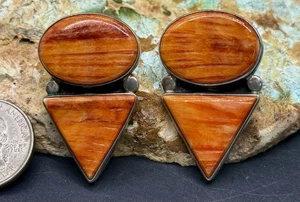 Fine Large Navajo Orville Tsinnie Sterling Silver & Spiny Oyster Earrings - Picture 1 of 13