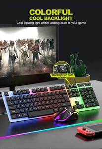 Rainbow RGB Full Size Backlit Keyboard Mouse Combo Set Wired Gaming Office Black - Picture 1 of 18