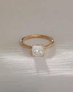 Half Bezel Set Princess Cut Wedding Ring Solitaire Lab Grown Diamond Gold Ring - Picture 1 of 6