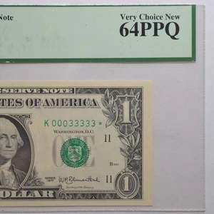 $1 Fancy Serial Number FRN Star Note Series 1977 PCGS MS64PPQ - K0003333 STAR - Picture 1 of 4