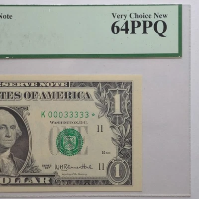 $1 Fancy Serial Number FRN Star Note Series 1977 PCGS MS64PPQ - K0003333 STAR - Image 1 of 4