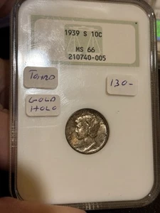 1939 S Mercury Dime In A Very Old Ngc Gold Embossed Fatty 3.0 Holder Ms 66 Toned - Picture 1 of 2