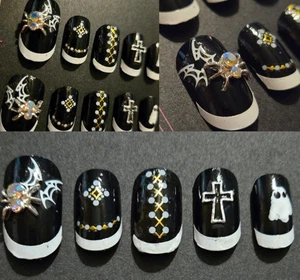 Full Set Halloween Black & White Press On Nails Custom Decorated Spiders Ghosts  - Picture 1 of 5