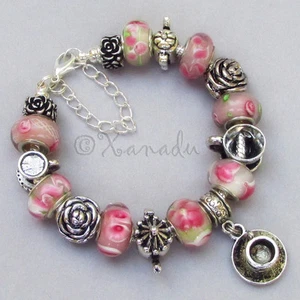 Rosa Garten Tea Party Europäisches Bettelarmband mit Teekanne und Teetasse Charm Perlen - Bild 1 von 10