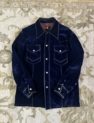 70s Towncraft Blue Velvet Western Shirt Jacket Sz Large Rockabilly True Vtg RARE - Image 1 of 4
