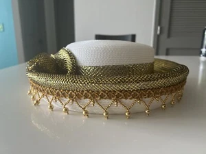 Ivory White & Gold Hat Elegant Church Derby Hat Tea Party Wedding Hat - Picture 1 of 12