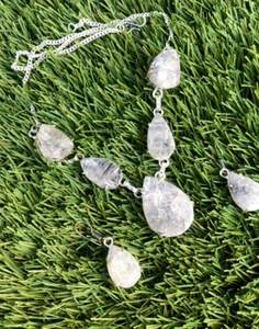 RAW TOURMALINATED QUARTZ EARRINGS/NECKLACE SET Semi Precious Gemstone Silver 925 - Picture 1 of 6