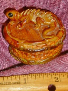 MINI 2" Mixed Media BASKET w/ LIZARD LID Marked SAYULITA Mexico, Wood, Ceramic + - Picture 1 of 5