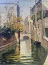 Antique Oil Painting Italy Italian Venice Landscape Boats Listed Impressionism