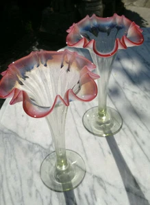 c1890 Art Nouveau Vaseline Art Cranberry Glass Epergne Trumpet Vases 9.25" Tall - Picture 1 of 12