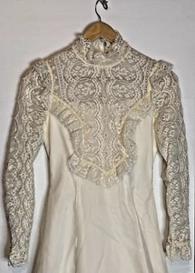 Vintage 60s 70s Victorian Edwardian Lace Bridal Gown 30"-Train Wedding Dress S - Picture 1 of 20