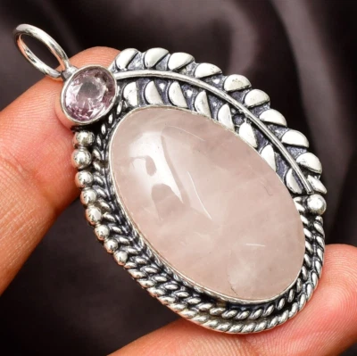Rose Quartz Pendant Gemstone 925 Sterling Silver Handmade Jewelry Pendant 2.10" - Image 1 of 4