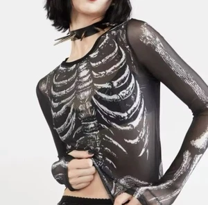 Gothic Punk Shirt Women Skeleton Pattern Round Neck Long Sleeve Crop Top Sz S-L - Picture 1 of 9