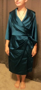 NWT Size 14 Designer Kay Unger peacock blue V-neck w/bow 3/4 sleeve shiny Dress - Picture 1 of 4