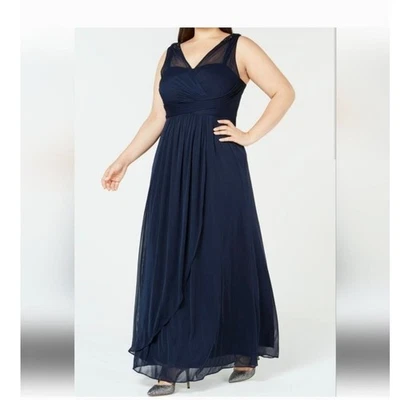Adrianna Papell Navy floor length tulle top gown Size 4 New with tags - Image 1 of 4