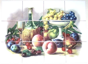 12 Stück Weinofen gebrannte Keramikfliese Wandbild 17" x 13" Trauben Pfirsiche Kirschen - Bild 1 von 1