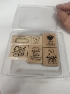 Vtg 2000 Mounted Stampin UP! Teacher Talk Set Of 6 Wood Rubber Stamps - Picture 1 of 3
