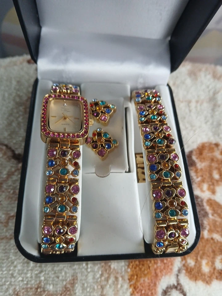Juego de pendientes pulsera reloj Suzanne Somers vintage dorado cristal con joyas Foto 1 de 1
