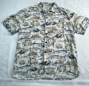 VTG Island Fever Mens M Aloha Shirt Fish Print Light Beige Blue 100% Rayon - Picture 1 of 8