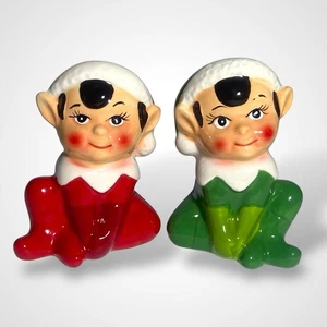 Vintage Christmas Elf Salt and Pepper Shakers Red Green Ceramic Figurines Decor - Picture 1 of 8