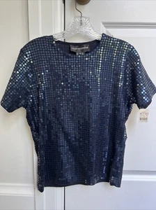 Vtg NWT Andrea Jovine Wool Sequin Navy Blue T-shirt - Medium - Picture 1 of 7