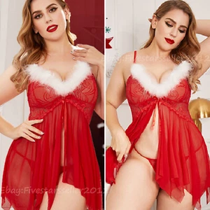 Womens Sexy Santa Claus Plus Size Christmas Costume Lingerie Set Babydoll+Thongs - Picture 1 of 18