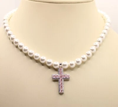 COLLANA DONNA PERLE OCEANICHE MM 8 CM 42 CROCE ARGENTO MM 20X28 ZIRCONI ROSA - Immagine 1 di 4