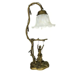 Vintage Art Nouveau Bronze Girl On A Swing Table Lamp Tulip Lampshade RARE - Picture 1 of 9