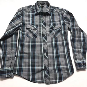 Helix Mens Teen Button Shirt Athletic Fit Blue Black Plaid Roll Tab Sleeve  S - Picture 1 of 9