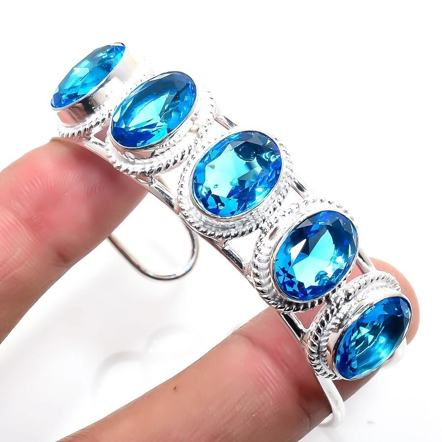 Brazalete Brazalete Joyería Plata Esterlina 925 Piedras Preciosas Topacio Azul Suizo Tamaño 7-8" Foto 1 de 1