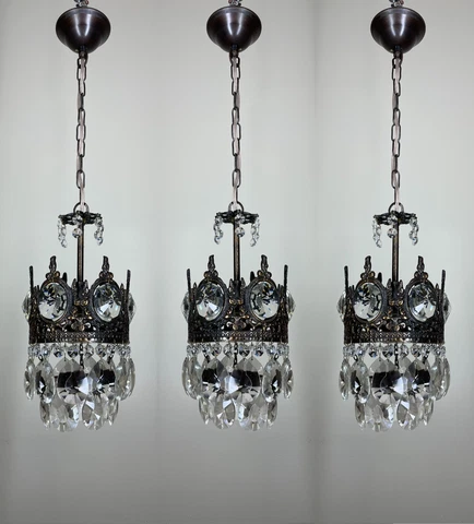 Matching 3 Antique Vintage Brass &Crystal French Chandeliers Lamp Lighting Cover