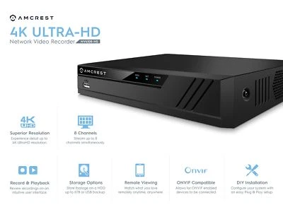 Amcrest NV4108-HS 4K NVR (8CH 1080p/3MP/4MP/5MP/6MP/8MP) (No WiFi) Warranty - Image 1 of 3