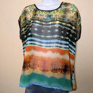 Colorful Abstract Sheer Blouse Size PXL Made in USA Festival Artsy Retro Flowy - Picture 1 of 10