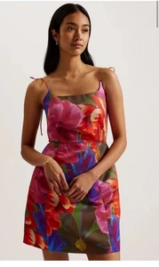 Ted Baker Dress Womens TB2 UK 10 Lyneen Floral Print Tie Shoulder Mini & Pockets - Picture 1 of 20
