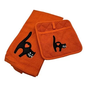 Halloween Orange Kitchen Towel & Oven Mitt Set Appliquéd Black Cat NWOT - Picture 1 of 6