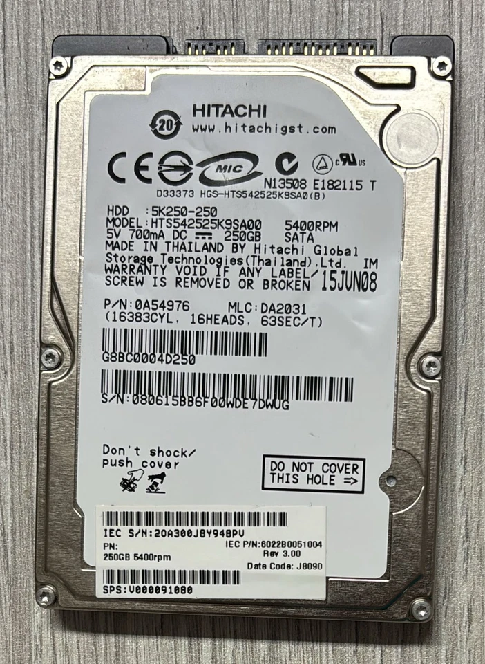 Hard Disk Hitachi 250GGB SATA 2.5" HTS542525K9SA00 P/N 0A54976 MLC DA2031 - Immagine 1 di 2