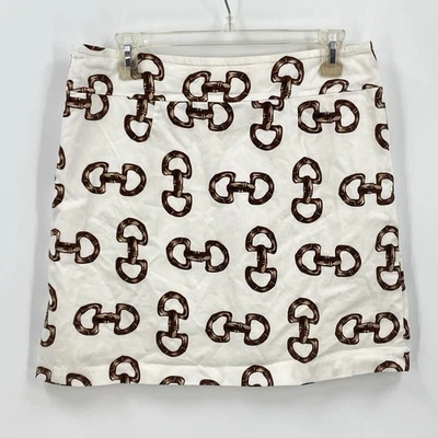 Skirtin Around White Pencil Skirt Brown Tiki Horse Bit Print Lined Womens 8 - Image 1 of 4