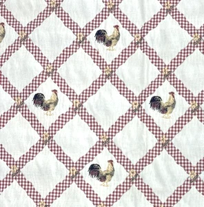 Jacquard Roosters Red White Gingham Diamond Design Decor Fabric Remnant #28 - Picture 1 of 11