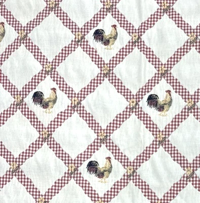 Jacquard Roosters Red White Gingham Diamond Design Decor Fabric Remnant #28 - Image 1 of 4