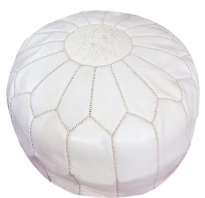 Moroccan Pouf Footstool Hassock Ottoman Poof Handmade Leather Genuine White - Image 1 of 4