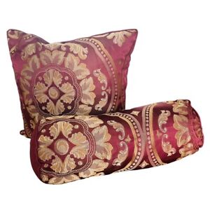 Turkish Delight Wine Red & Gold Accent Throw Pillow and Neckroll Damask Floral