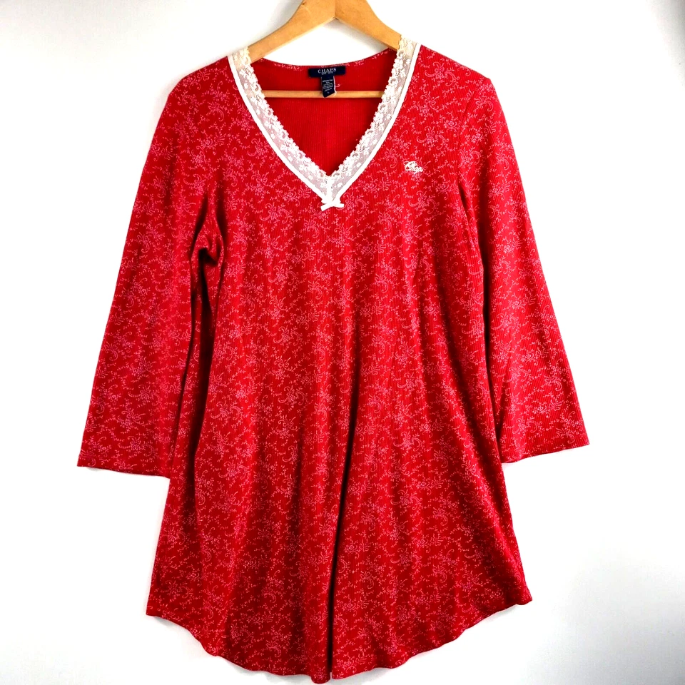 Vintage Chaps Thermal Sleepshirt Women's Size Large Red Cream Floral Pullover - Image 1 of 4